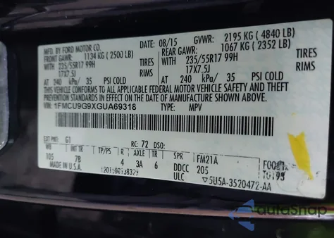 2016 Ford Escape Se from USA, damaged, VIN 1FMCU9G9XGUA69318